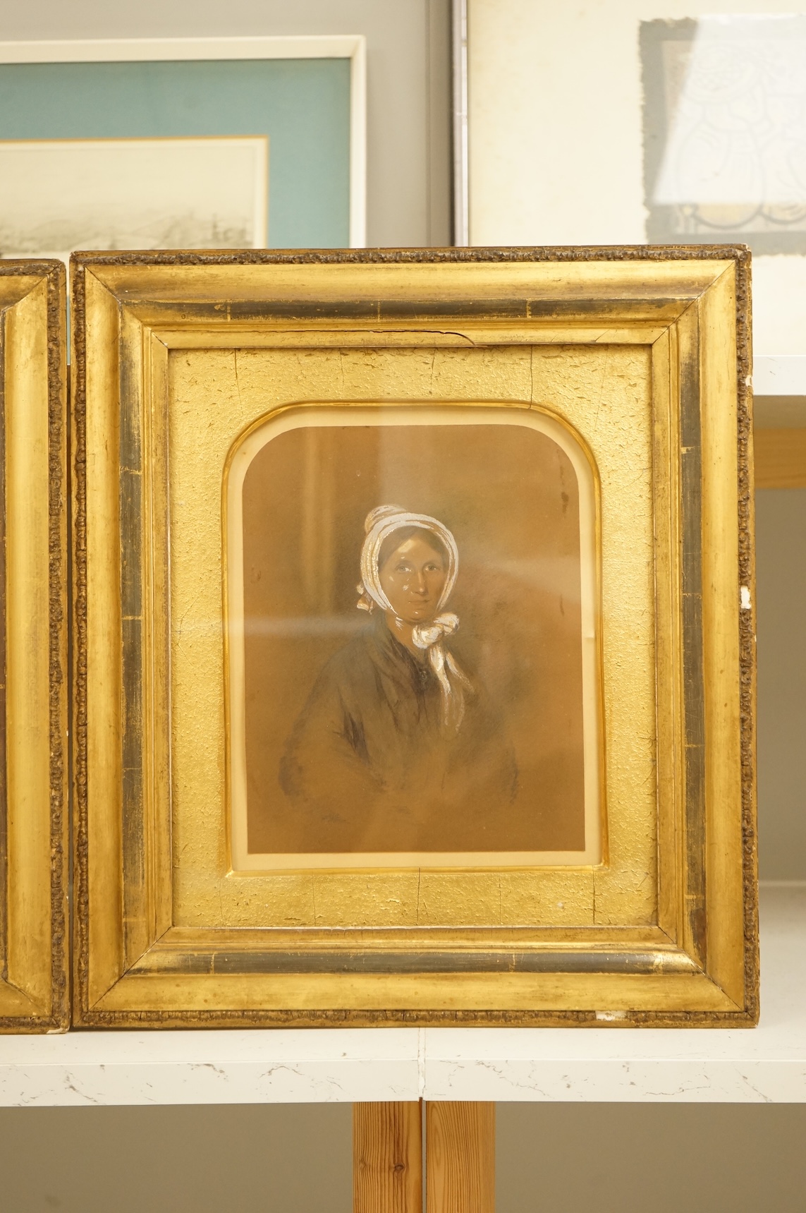 Mid Victorian School, Portraits of a lady and gentleman, unsigned, pair of heightened pastels, 24 x 17cm, gilt framed